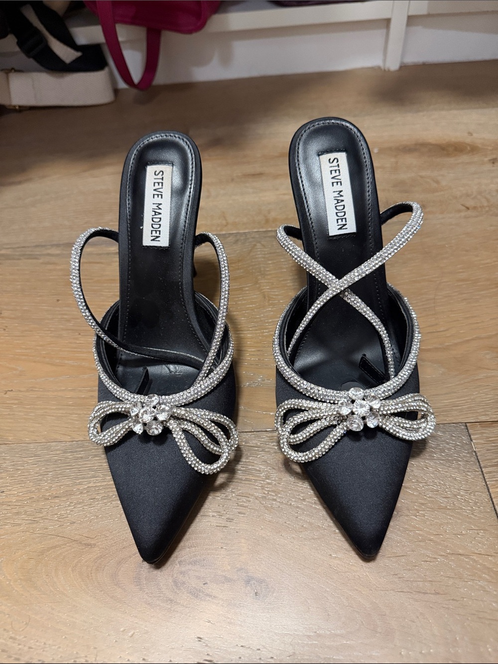 Steve Madden Black Satin Mules with Crystal Bow Detail - Picture 3 of 4